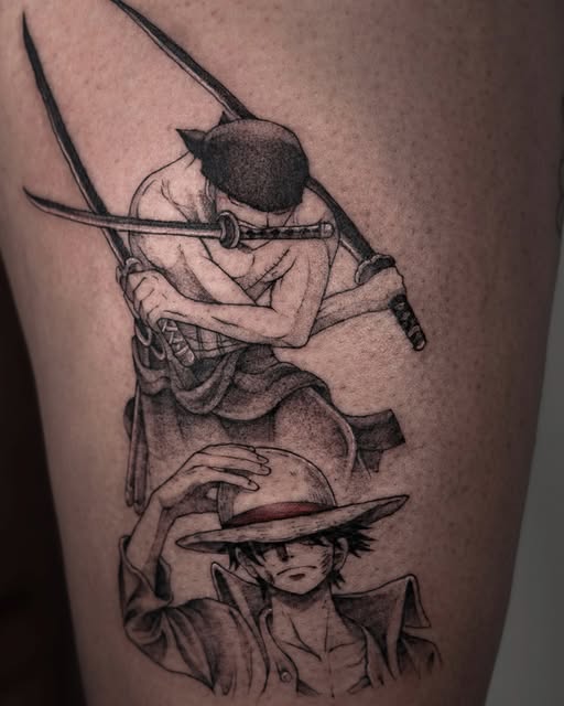 Stacked vertical tattoo on thigh featuring three anime characters wielding bows and arrows in action poses, rendered in black ink.