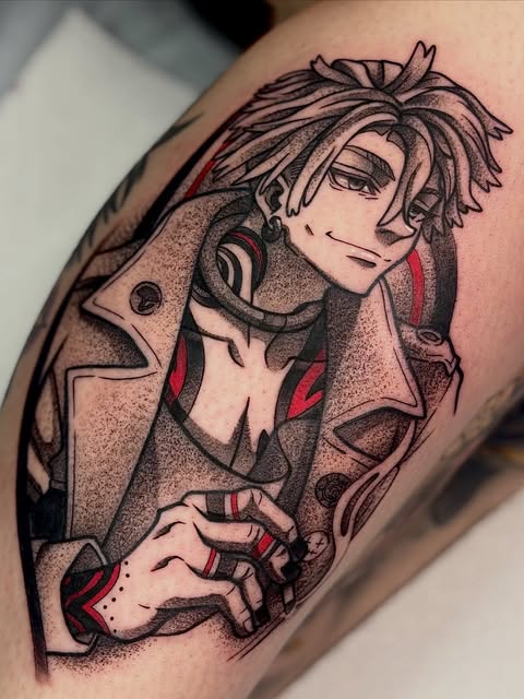 Anime character with long hair and red accents wearing a brown coat, tattooed on upper arm with detailed shading and linework.