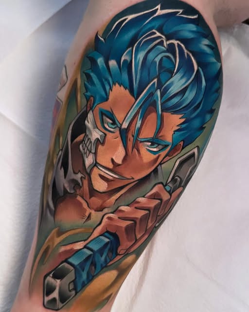 Anime character with blue spiky hair and orange face markings holding weapons, tattooed on upper arm in vibrant blue, orange, and teal colors.