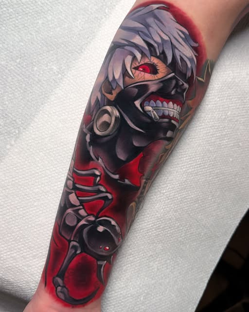 Tokyo Ghoul character tattoo on forearm featuring a masked figure with red eye, white hair, and red accents against black ink.