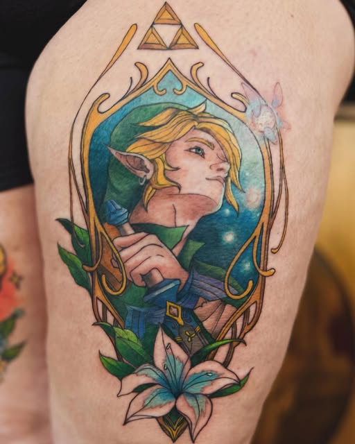 Link from The Legend of Zelda featured in an ornate frame with Triforce symbol, golden filigree borders, and blue flowers on the thigh.