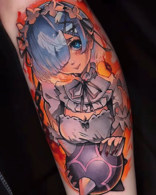 Anime girl character with blue hair and large eyes adorned with flowers and bows, featuring warm orange and pink gradient background on upper arm tattoo.