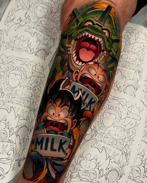 Dragon Ball Z characters stacked vertically on a calf: Shenron at top, followed by Gotenks and Goku drinking milk, with vibrant orange, green, and red coloring.