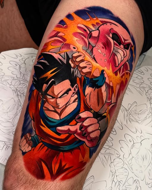 Goku from Dragon Ball Z on thigh with clenched fist, surrounded by orange and red energy flames and aura effects.