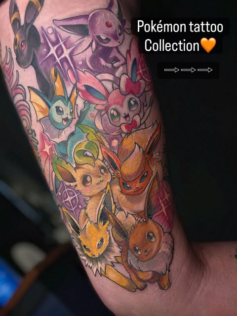Pokémon tattoo collection on arm featuring Eevee and its evolutions in purple, pink, yellow, and orange hues with decorative geometric patterns.