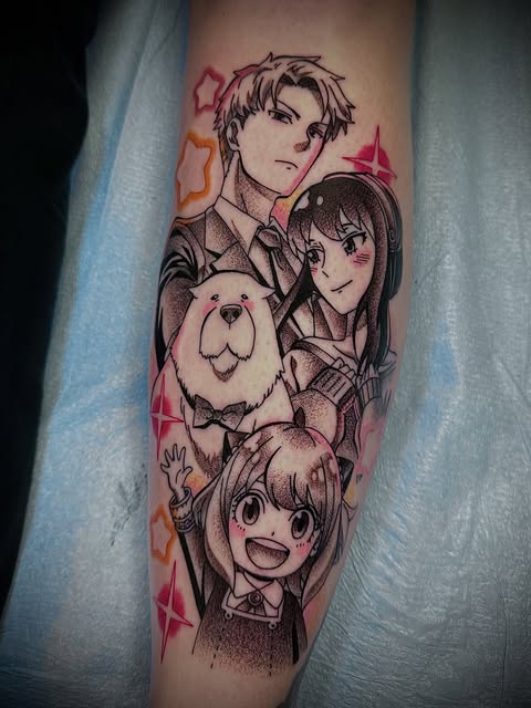 Anime characters tattoo on forearm featuring a man, woman, bear, and young girl with pink and orange watercolor accents and geometric shapes.