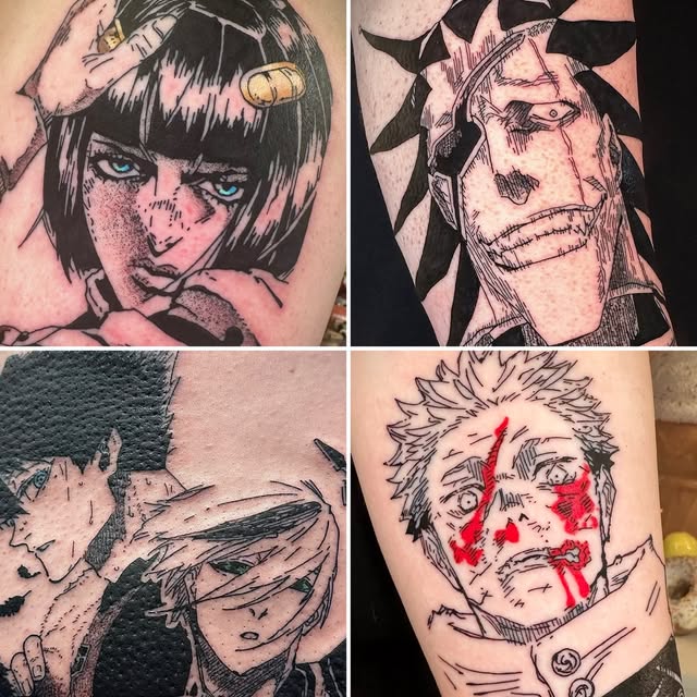 Four manga character tattoos featuring expressive faces with dramatic expressions, ink details, and red accents on various body placements.