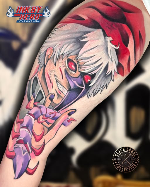 Garou from One Punch Man tattooed on forearm featuring white spiky hair, red glowing eyes, purple and pink armor details, and red headwear.