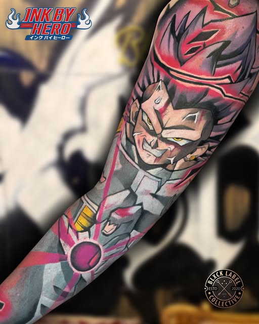 Goku from Dragon Ball Z tattooed on a forearm in vibrant red, pink, and grey, showing his determined face and Super Saiyan transformation above.