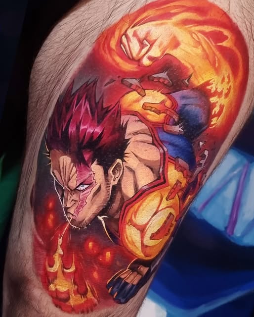 Yuji Itadori from Jujutsu Kaisen with spiky pink hair and demonic features, surrounded by red and orange flames, tattooed on upper arm.