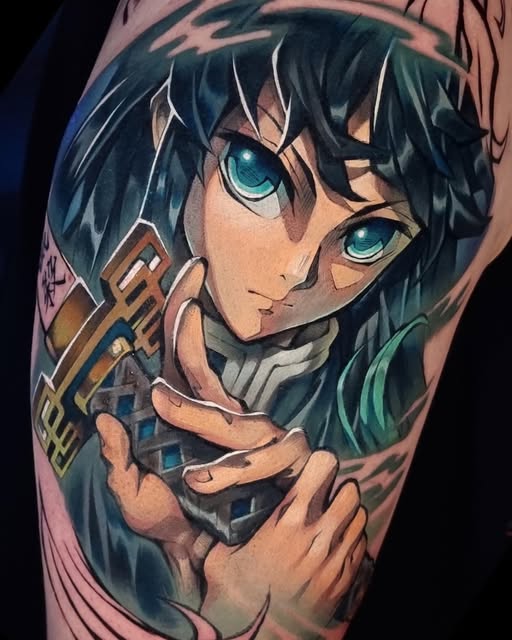 Anime character with black hair and teal eyes holding a weapon on upper arm tattoo, featuring peach skin tones and gold accents.