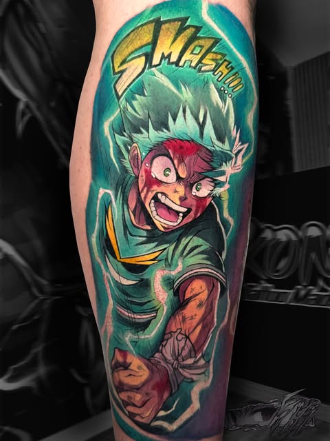 Bakugo from My Hero Academia with spiky white hair and angry expression, surrounded by green energy effects and 'SMASH' text, tattooed on a calf in vibrant colors.