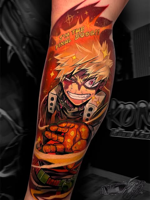 Bakugo Katsuki from My Hero Academia tattooed on a forearm, featuring explosive orange and red flames, his determined expression, and gauntlets, with text reading 'I'm the final boss!'