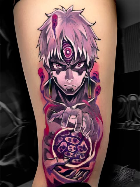 Boruto Uzumaki from Naruto with purple hair, forehead mark, and chakra orbs on forearm, tattooed in magenta and purple tones.