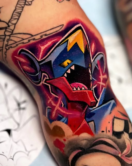 Energizer Bunny character tattoo on upper arm in vibrant red, blue, yellow, and orange with glowing effect details and lightning elements.