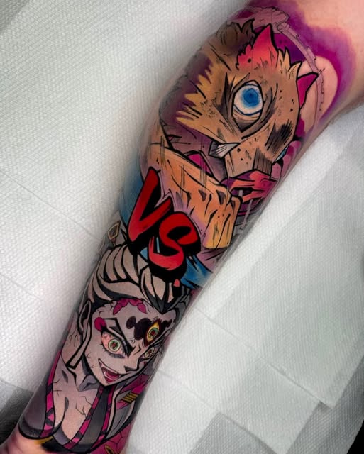 My Hero Academia villains Dabi and Toga tattoo sleeve featuring their faces with distinctive scars and expressions, rendered in vibrant pink, purple, orange, and blue hues on forearm.