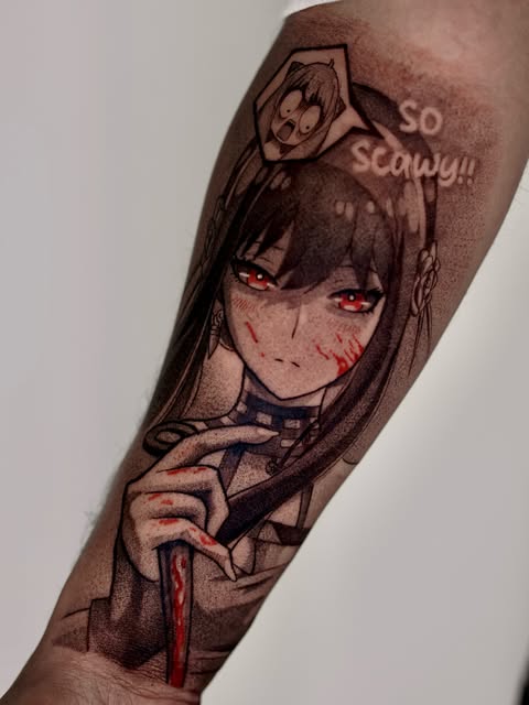 Anime character with long dark hair and red eyes holding a knife, tattooed on forearm with red ink accents and small ghost figure above.