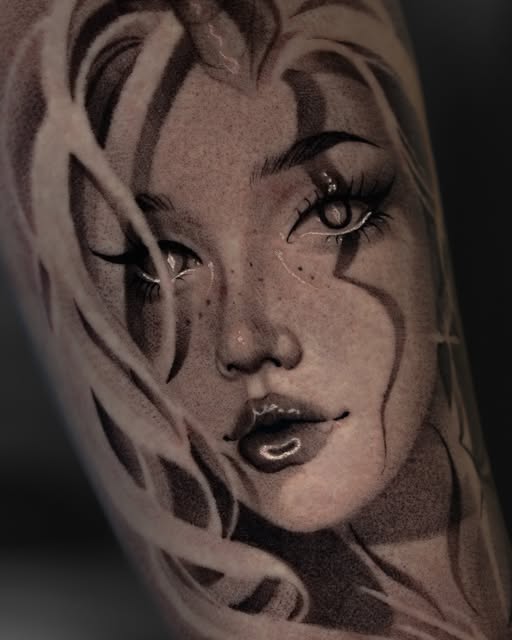 Black and grey portrait tattoo of a woman with wavy hair and bold eye makeup on the upper arm, featuring detailed shading and expressive facial features.