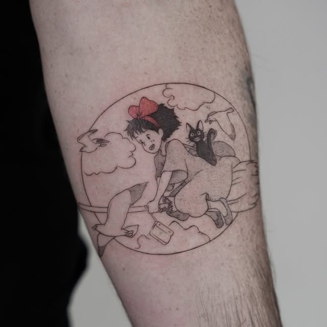 Kiki's Delivery Service tattoo on calf featuring Kiki riding her broomstick with Jiji the cat among clouds, rendered in black ink with red bow accent.