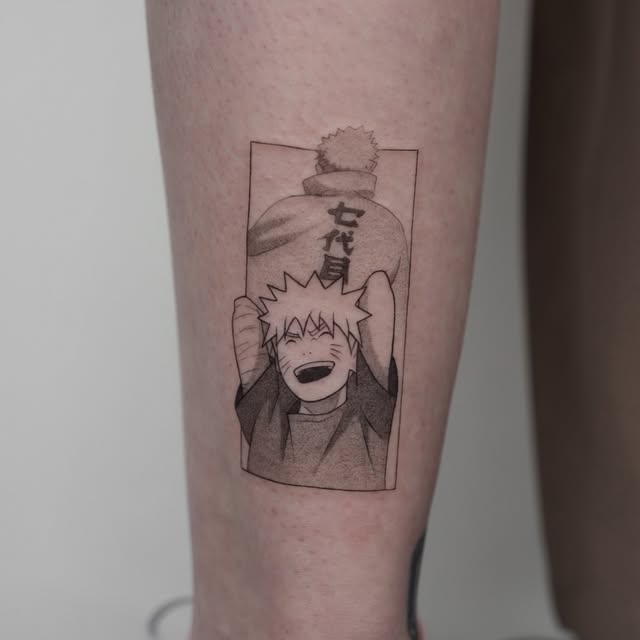 Naruto Uzumaki from Naruto franchise tattooed on forearm, wearing his characteristic orange jacket and spiky blonde hair, holding a kunai knife above his head.