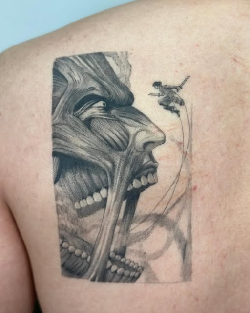 Anatomical muscle and skeletal diagram of a human head in profile on shoulder, with a small figure standing on a curved line emerging from the mouth.