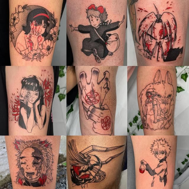 Nine anime character tattoos featuring figures with distinctive hairstyles and expressions, mostly in black ink with red accents, placed on various arm locations.