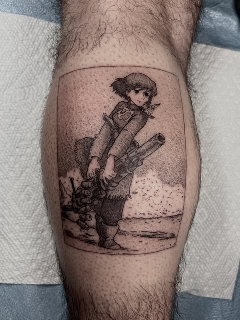Child character holding large gun on calf tattoo with military gear and landscape background in black ink
