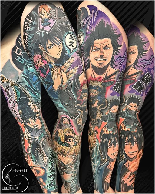 Full-leg sleeve tattoo featuring multiple characters from Jujutsu Kaisen anime, including Yuji Itadori, Satoru Gojo, and other sorcerers in vibrant purple, blue, and teal tones.