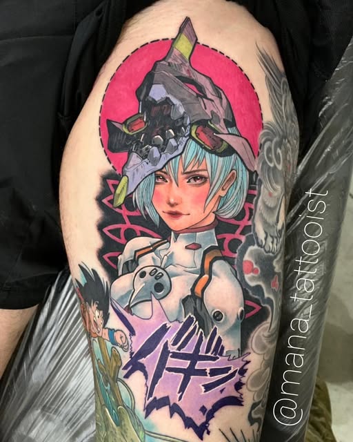 Colorful anime girl character with white hair and dark witch hat on upper arm, surrounded by pink background and purple magical symbols.