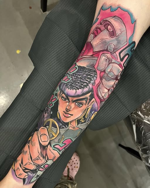 JoJo's Bizarre Adventure character tattoo sleeve featuring multiple figures in pink, purple, and gold tones on upper arm.