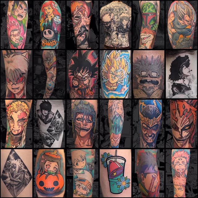 Collection of 24 anime and manga character tattoos on various body placements featuring Dragon Ball, My Hero Academia, Jujutsu Kaisen, and other franchises in vibrant colors.