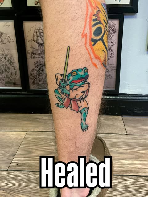 Michelangelo from Teenage Mutant Ninja Turtles wielding nunchaku on a calf, rendered in turquoise, orange, and red with the word 'Healed' below.