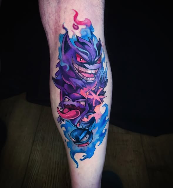 Genshin Impact character Alhaitham tattoo on calf featuring purple and blue tones with glowing red eyes and magical effects.