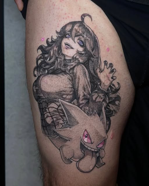 Mitsuri Kanroji from Demon Slayer tattooed on thigh, featuring pink eyes and hair, black ink linework with pink accent details.