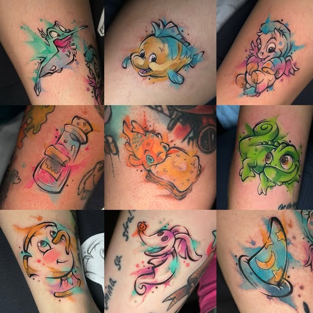 Nine colorful cartoon character tattoos arranged in a grid, featuring Disney and Pokémon characters with watercolor splashes in vibrant pastels on various skin tones.
