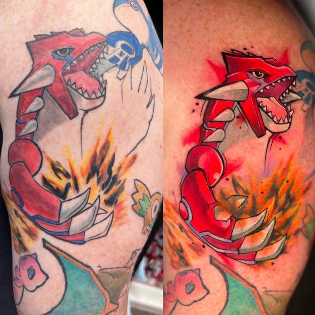 Groudon from Pokémon depicted twice on leg/thigh with red coloring, flames below, and blue/white accents; right image shows vibrant color enhancement.