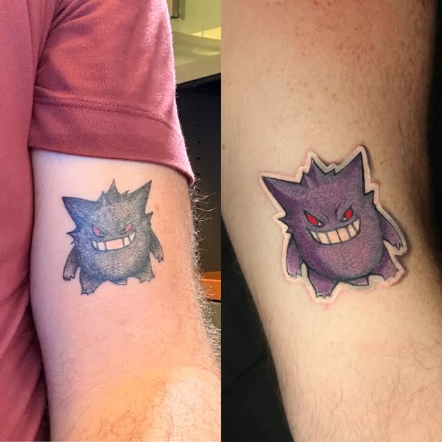 Two Gengar Pokémon tattoos on upper arms, one blue-tinted with white teeth, one purple with red eyes, both grinning mischievously.