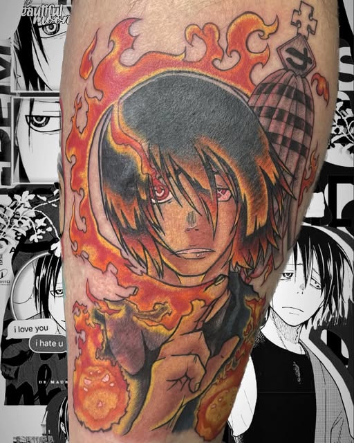 Anime character with dark hair and flame aura surrounding head, wearing checkered pattern clothing, tattooed on upper leg with manga panels in background.