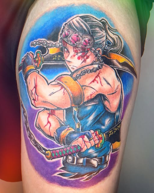 A muscular female character with pink eyes and dark hair wearing blue armor and gold accessories, holding a chain weapon, tattooed on an upper arm with a vibrant blue and purple background.