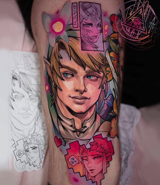 Colorful leg tattoo featuring multiple character portraits with pink flowers, hearts, and geometric elements in magenta, orange, and flesh tones.