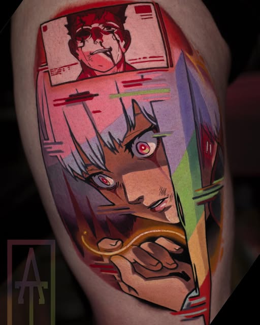 Colorful tattoo on upper arm featuring three anime characters stacked vertically with rainbow gradient background and geometric elements in red, purple, orange, and yellow tones.