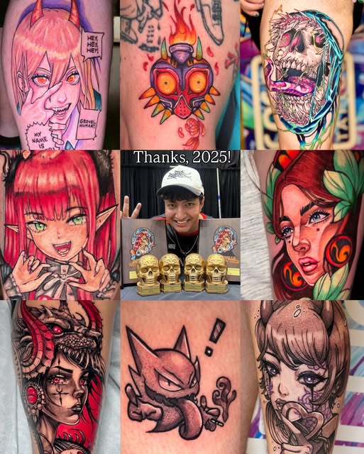 Collage of nine colorful tattoos featuring anime characters, skulls, and stylized faces in pink, red, blue, and purple hues across various body placements.