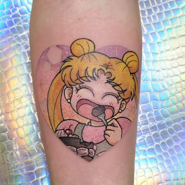 Sailor Moon character tattoo on forearm featuring blonde pigtailed girl in pink outfit with open mouth expression, surrounded by pink and purple watercolor effects.