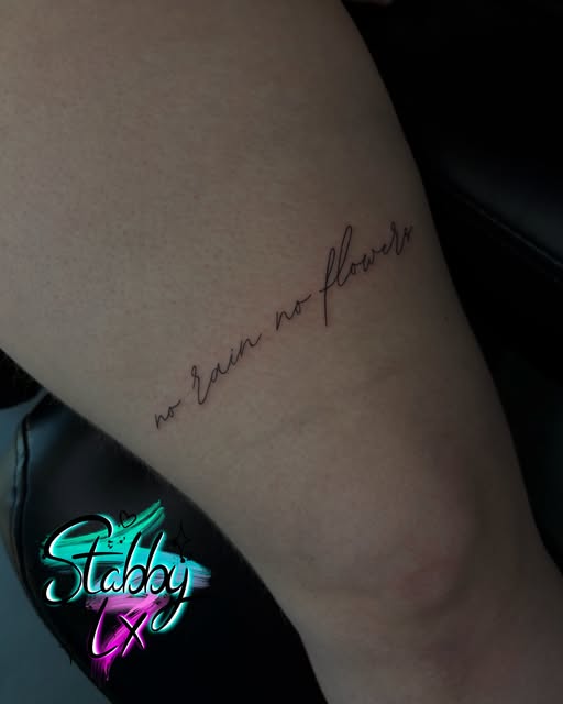 Cursive script tattoo reading 'no rain no flowers' on upper arm in dark ink, with neon 'Stabby' logo watermark below.