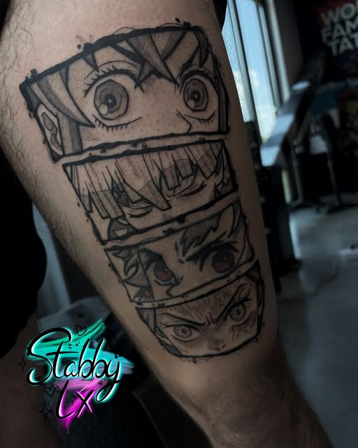 Four stacked anime character faces with large expressive eyes tattooed on upper arm, rendered in black ink with some red eye details.