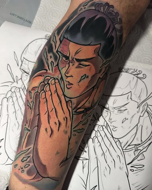 Colored tattoo on forearm of an angry male character with dark hair and facial scars, hand raised to face, surrounded by sketch-style line drawings.