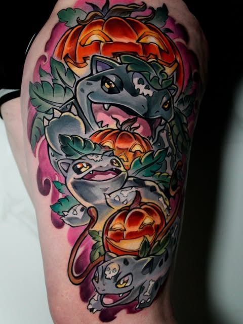 Three Bulbasaur Pokémon characters stacked vertically on an upper arm, each holding a glowing orange pumpkin, surrounded by green leaves against a pink background.