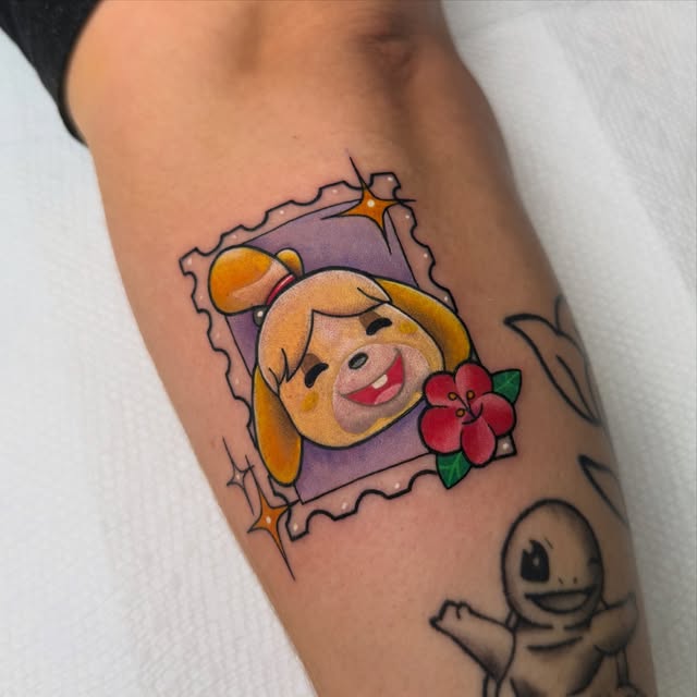 Winnie the Pooh character tattoo on forearm wearing yellow outfit with red flowers, framed in purple decorative border with black outlines.