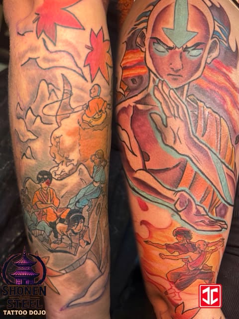Avatar: The Last Airbender sleeve tattoos on both arms featuring Aang in the Avatar State with blue arrows, firebending monks, and orange and red flame effects.