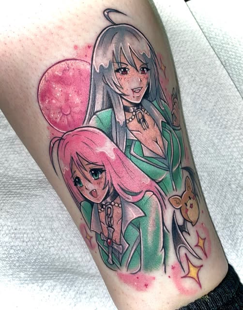 Two anime girls with long hair in green outfits, one with gray hair and halo, one with pink hair, surrounded by pink sparkles and stars on a forearm.